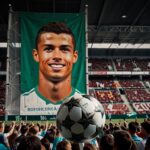 Ein Fuballfeld mit jubelnden Fans und Cristiano Ronald