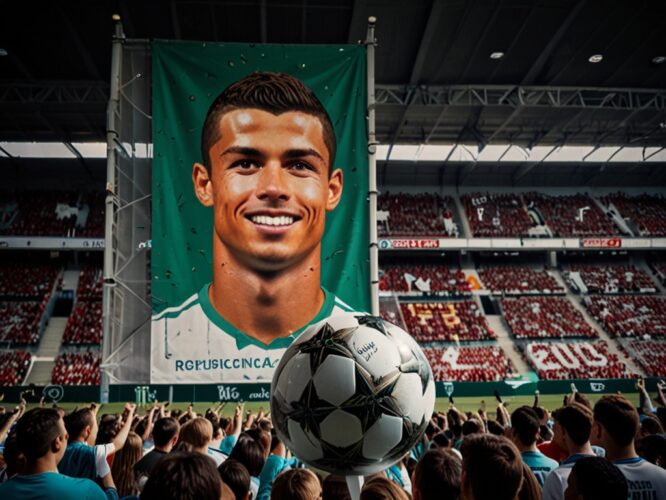 Ein Fuballfeld mit jubelnden Fans und Cristiano Ronald