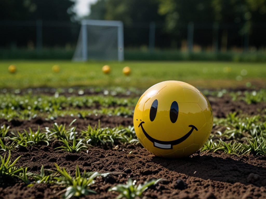 Ein Fuballfeld mit schwarzgelben Trikots in der Mitte