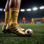 Ein Fuballspieler mit goldenen Schuhen steht auf einem