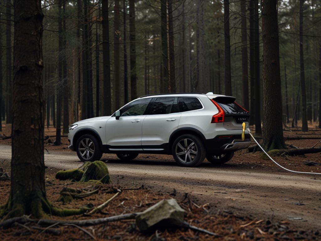 Ein Volvo mit einem angeschlossenen Ladekabel Das