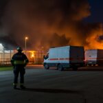 Eine Lagerhalle steht in Flammen im Hintergrund sieht